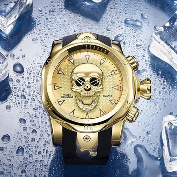 Mens Gold/Black 3D Luxury Skull Waterproof Quartz Watch